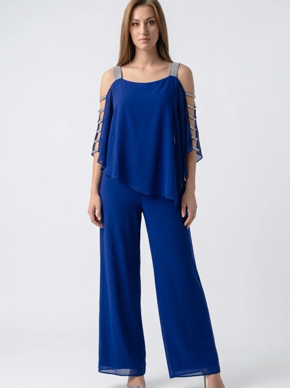 MSK | NEW Midnight Blue Rhinestone Cold Shoulder Wide Leg Jumpsuit Women’s L